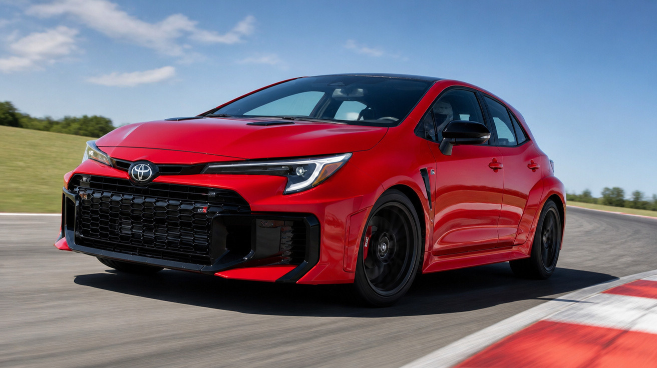 Carro esportivo vermelho Toyota GR Yaris acelerando em pista de corrida sob céu azul.