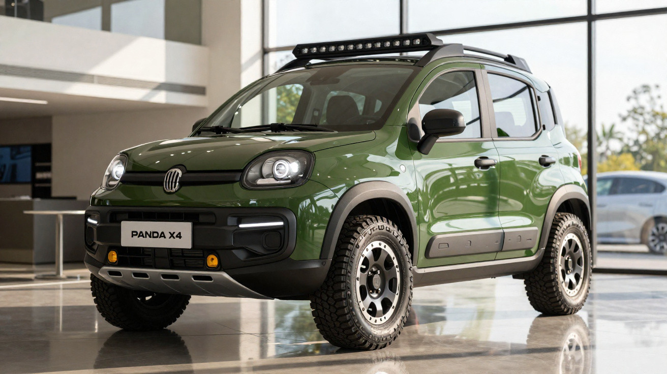 Carro SUV Fiat Panda X4 verde militar em exibição interna com luzes de LED no teto.
