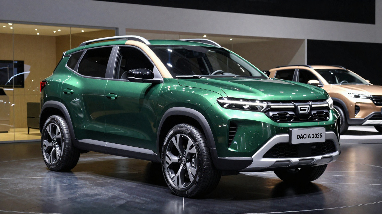 SUV verde Dacia 2026 exposto em salão automotivo com iluminação destacando detalhes do carro.