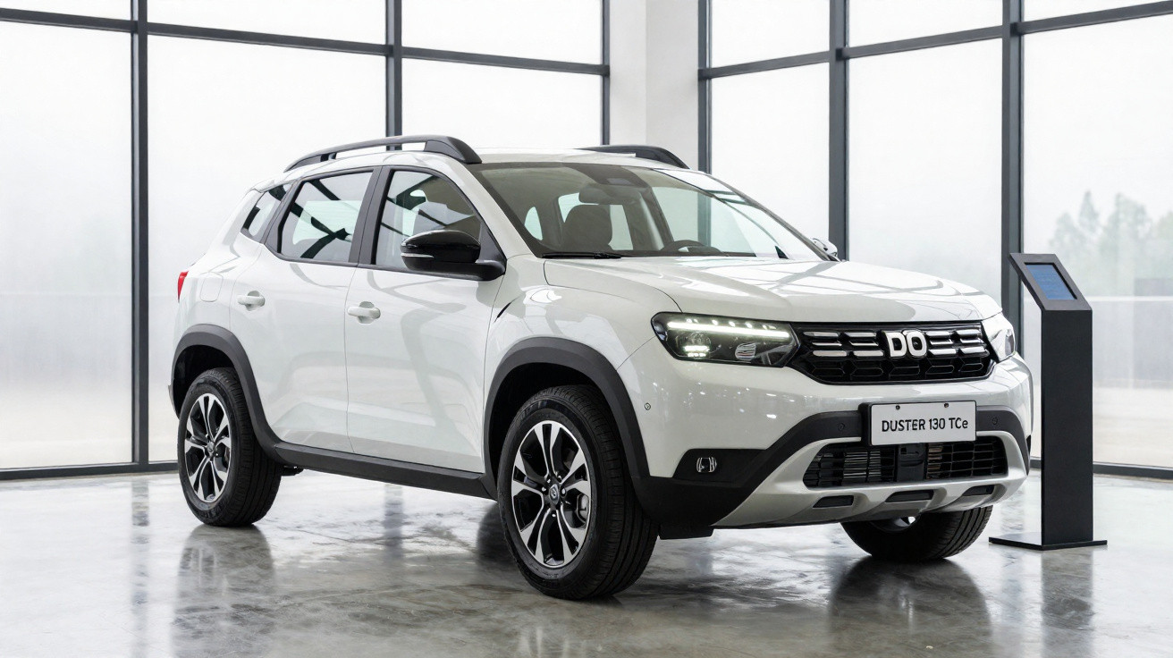 SUV branco Dacia Duster 130 TCe estacionado em ambiente interno com piso refletivo e paredes de vidro.