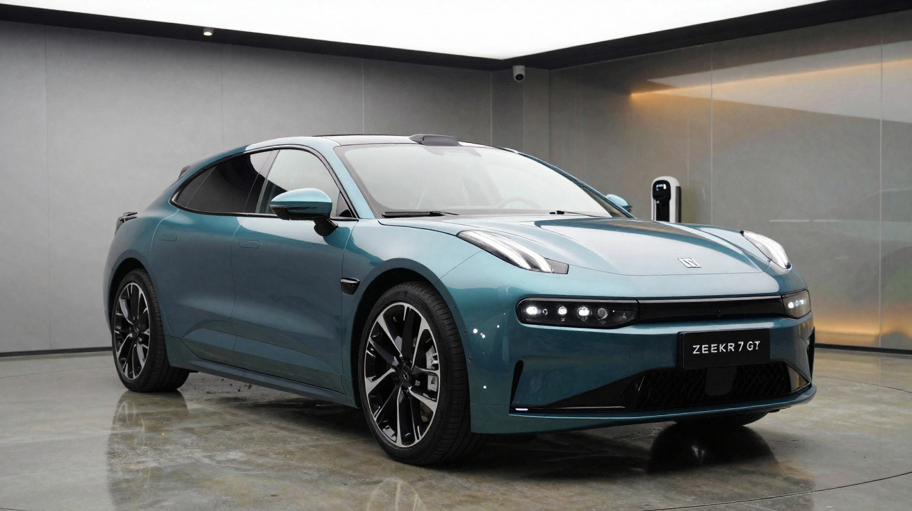 Carro elétrico esportivo Zeekr 7 GT azul em exposição interna com parede cinza ao fundo.