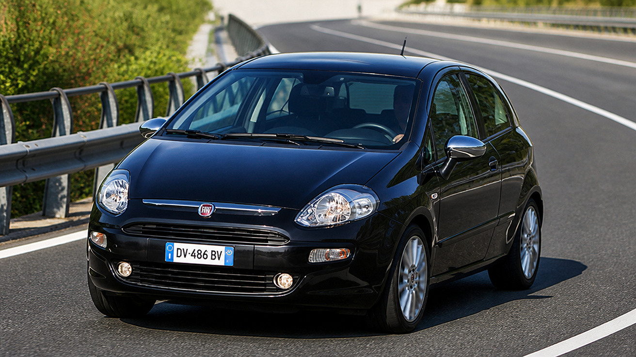 Carro Fiat Punto preto dirigido em estrada movimentada com guarda-corpo metálico ao lado.