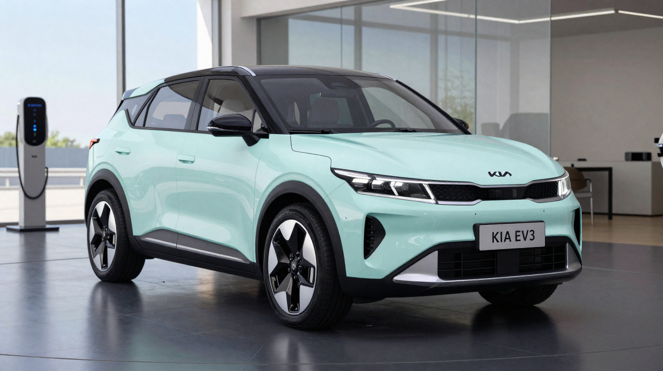 Carro elétrico Kia EV3 verde claro estacionado dentro de showroom moderno com estação de recarga.