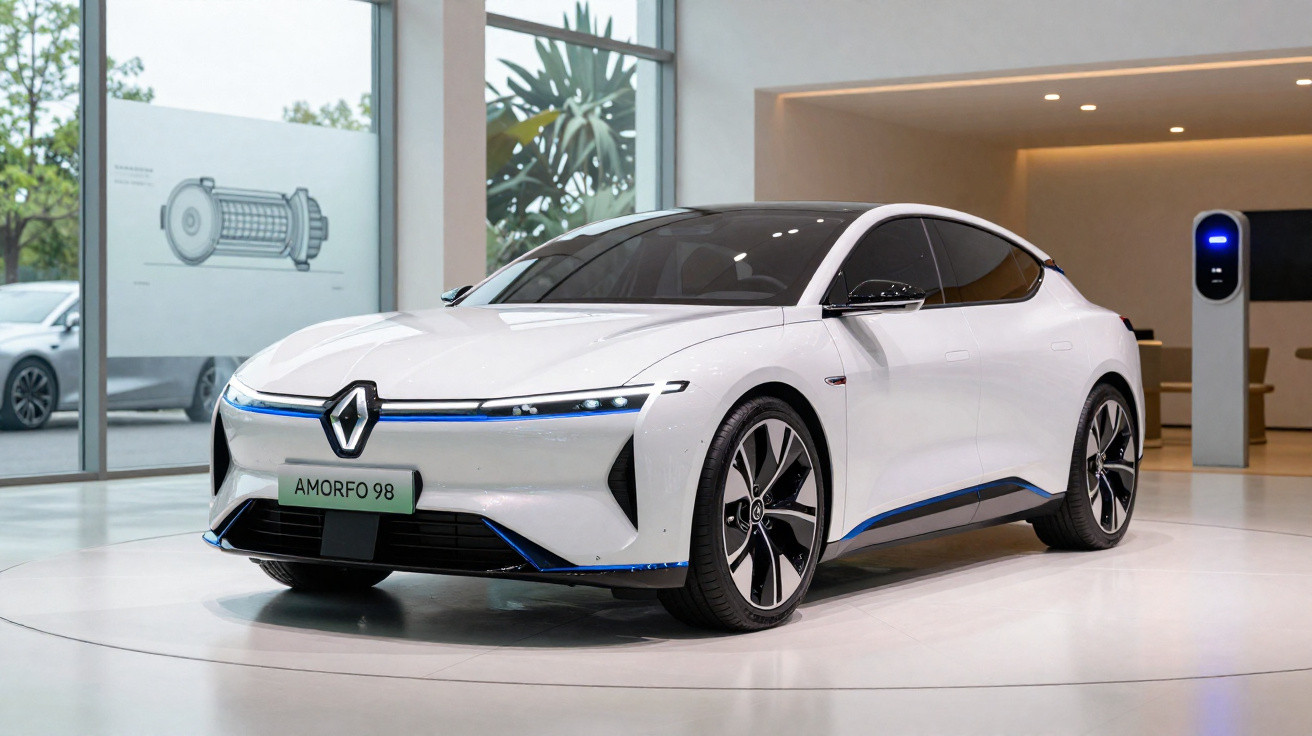 Carro elétrico branco Renault AMORFO 98 em exposição em ambiente interno moderno e luminoso.