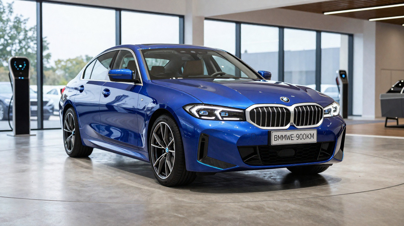 Carro sedan BMW azul metálico estacionado em showroom moderno com piso de concreto.