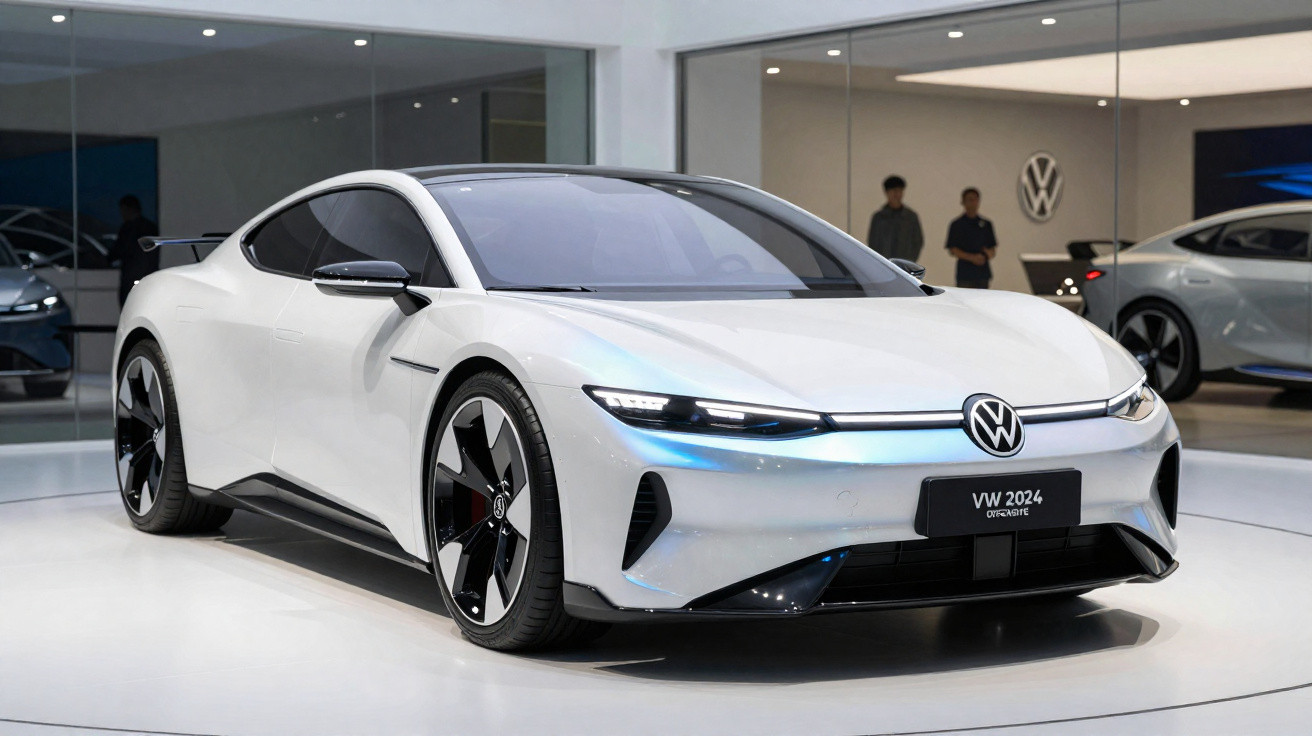Carro elétrico esportivo branco VW 2024 em exposição, com design moderno e faróis finos em salão.