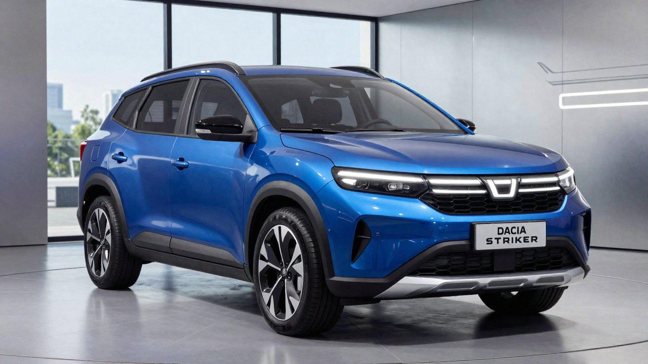Carro SUV azul Dacia Striker estacionado em ambiente interno moderno com iluminação natural.
