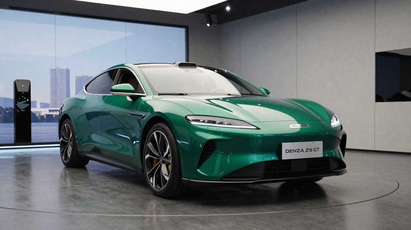 Carro elétrico esportivo verde Denza Z9 GT em exposição em ambiente moderno e minimalista.