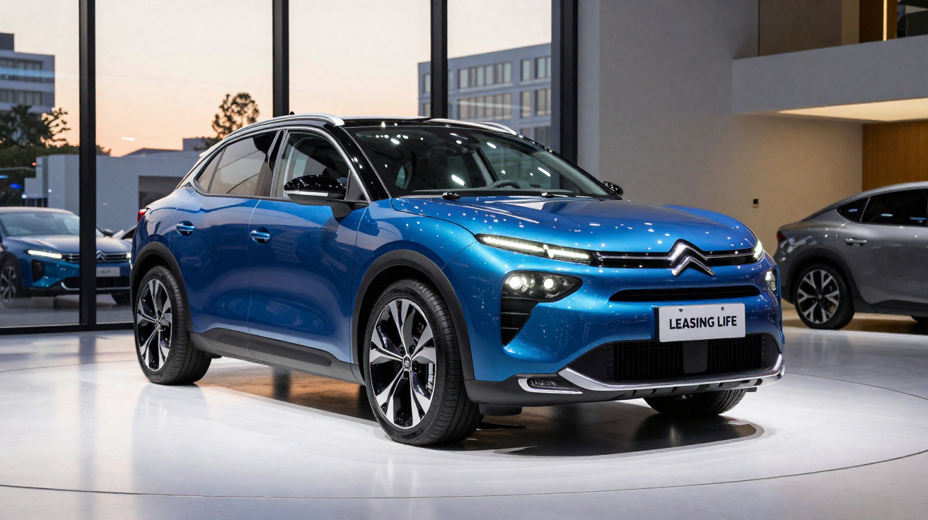 Carro Citroën azul em exposição, com design moderno e faróis LED, em ambiente interno iluminado.