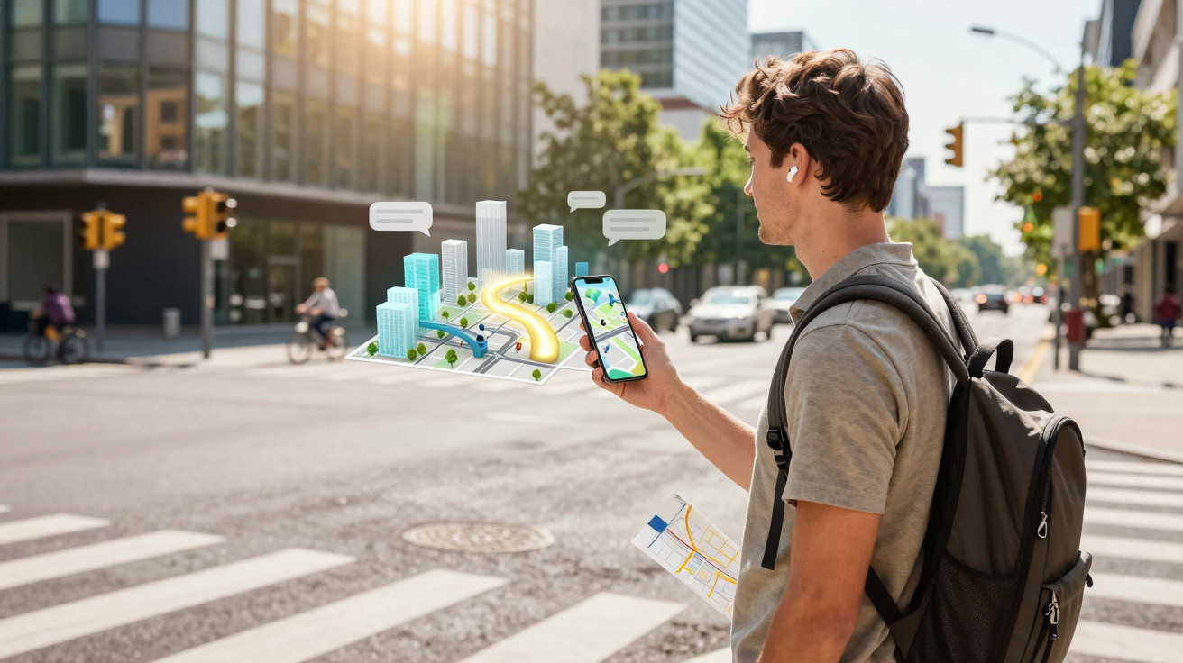Jovem usando celular com mapa digital e fones, segurando mapa físico em rua movimentada da cidade.