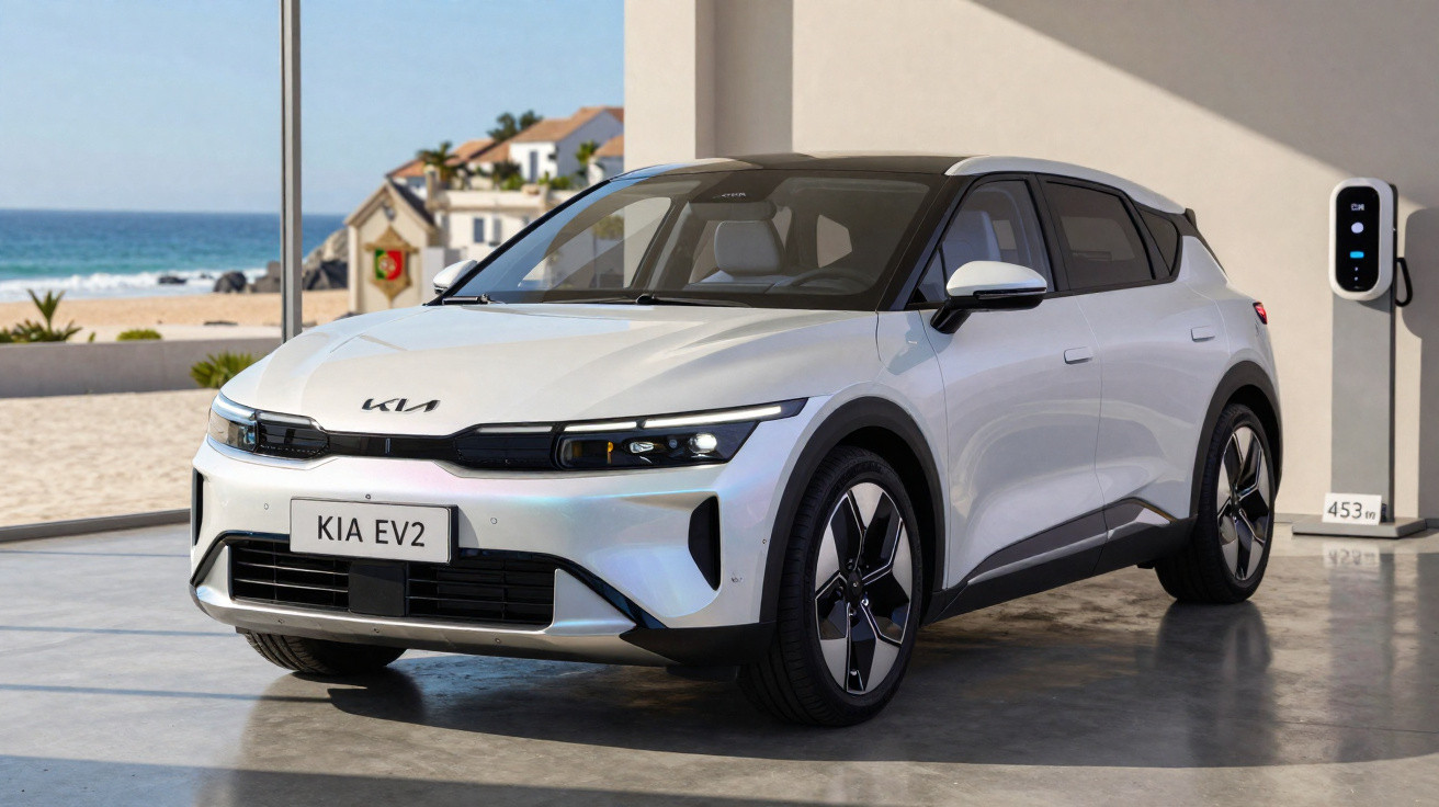 Carro elétrico branco Kia EV2 estacionado ao lado de uma estação de recarga, com praia ao fundo.