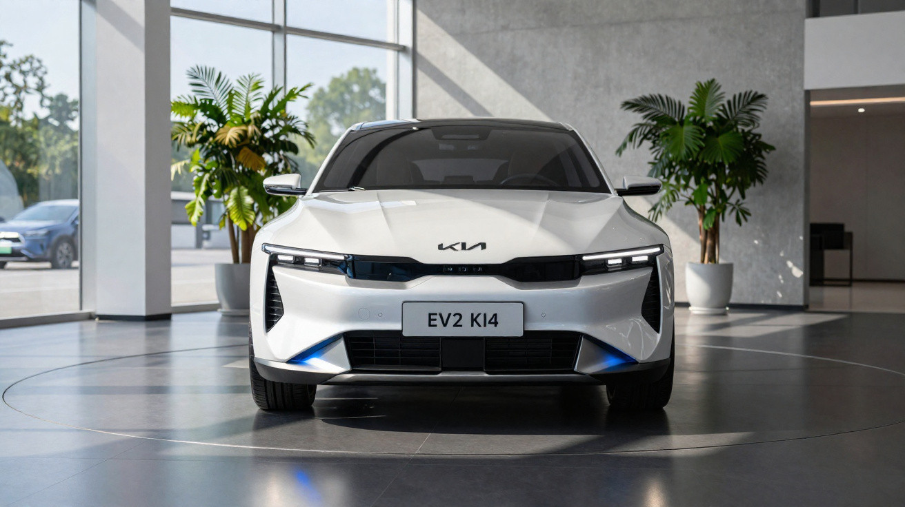 Carro elétrico branco Kia EV2 KI4 visto de frente em showroom moderno com plantas ao fundo.