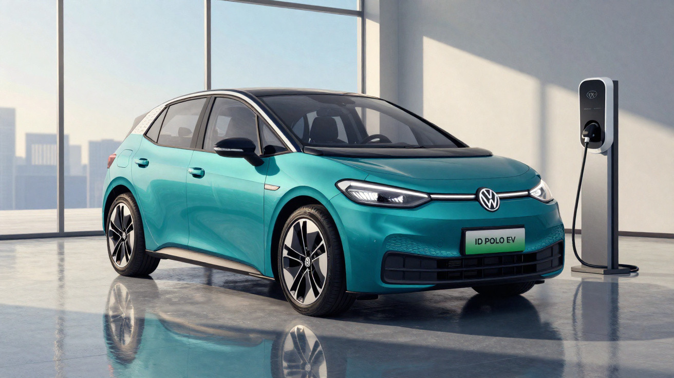 Carro elétrico Volkswagen ID. Polo EV verde em carregador dentro de ambiente moderno e iluminado.