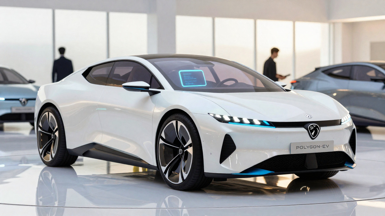 Carro elétrico esportivo branco Polygon-EV exibido em salão com pessoas ao fundo.
