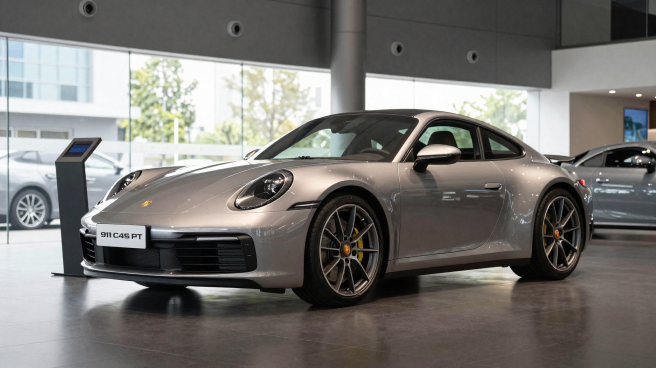 Carro esportivo Porsche 911 C4S PT prata exibido em showroom moderno e iluminado.