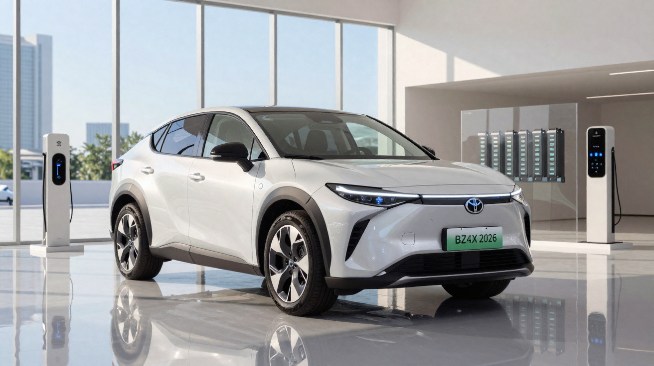 Carro elétrico branco Toyota em área interna com carregadores elétricos ao redor, ambiente moderno e iluminado.