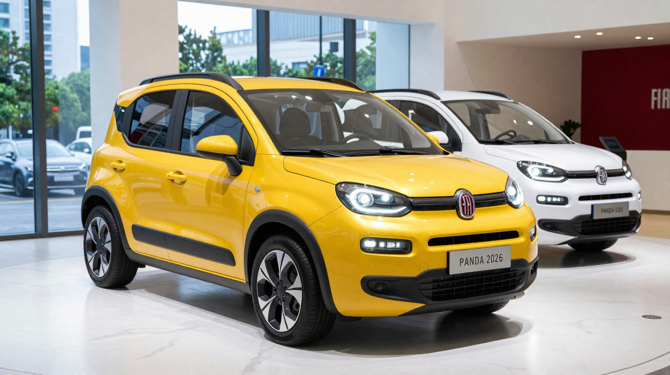 Dois carros Fiat Panda 2026 em showroom, um amarelo à frente e outro branco ao fundo.