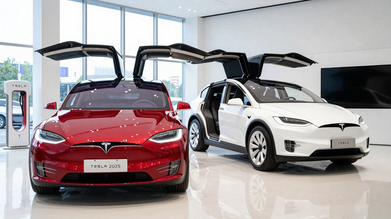 Dois carros Tesla, um vermelho e um branco, estão em showroom com portas traseiras abertas para cima.