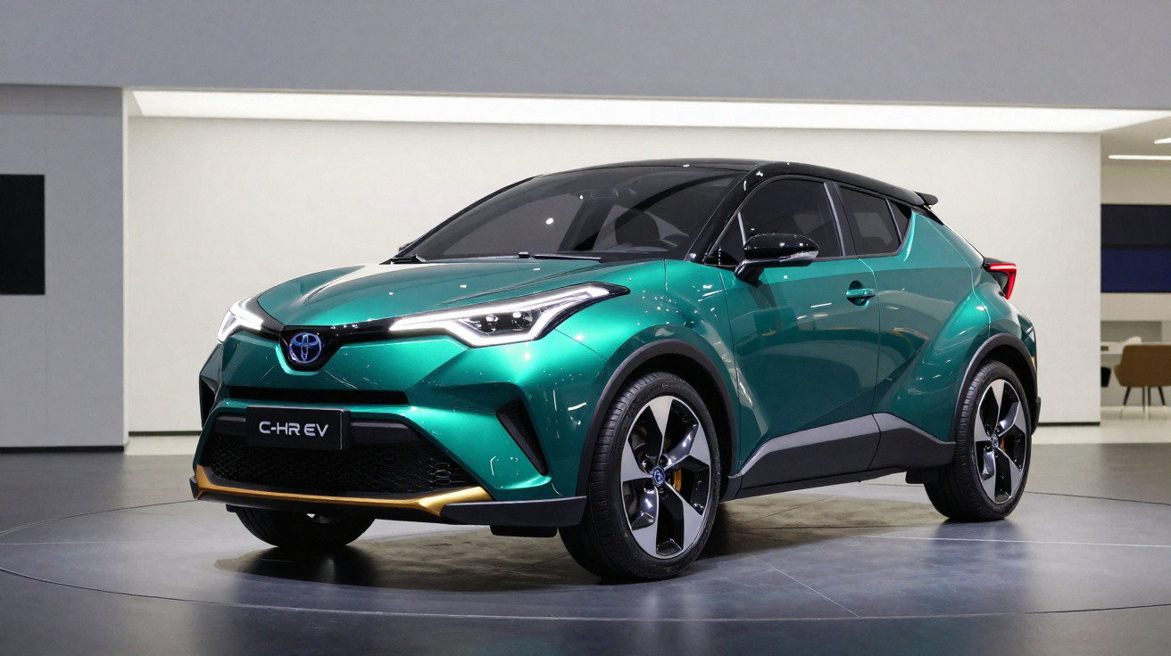 Carro elétrico Toyota C-HR EV verde metálico exibido em showroom moderno com teto preto.