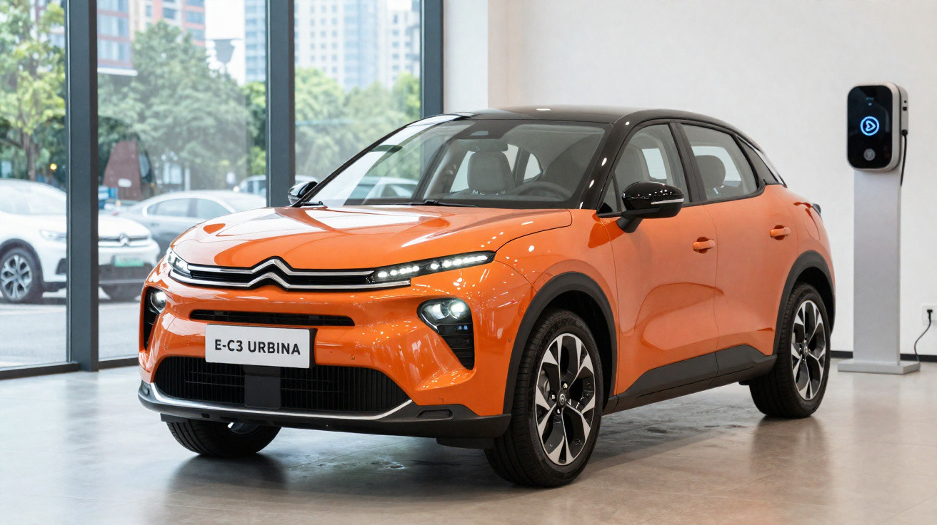 Carro elétrico Citroën E-C3 Urbina laranja exibido em showroom moderno com carregador elétrico ao fundo.