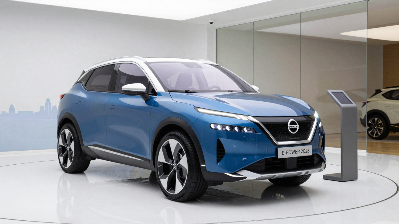 Carro SUV elétrico azul Nissan E-Power 2026 exibido em salão moderno com vidro e pedestal digital.