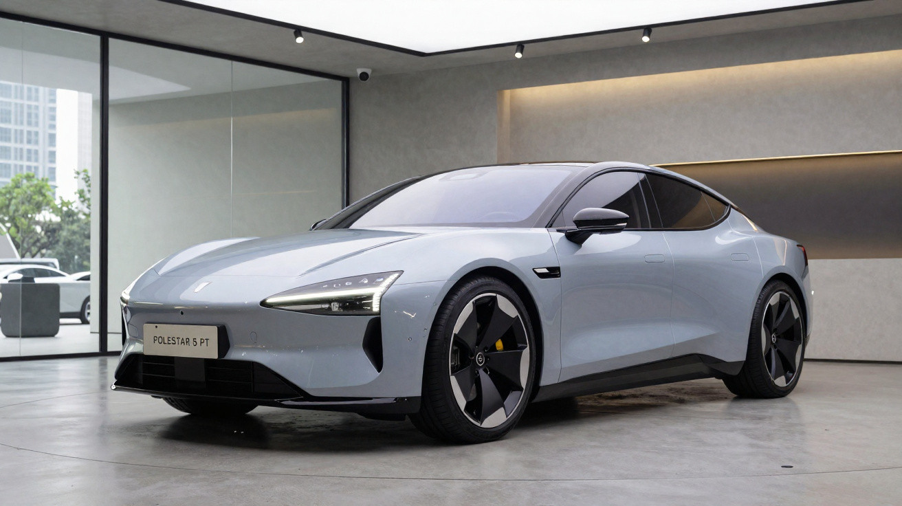 Carro elétrico Polestar 5 PT cinza em exposição interna com design moderno e esportivo.
