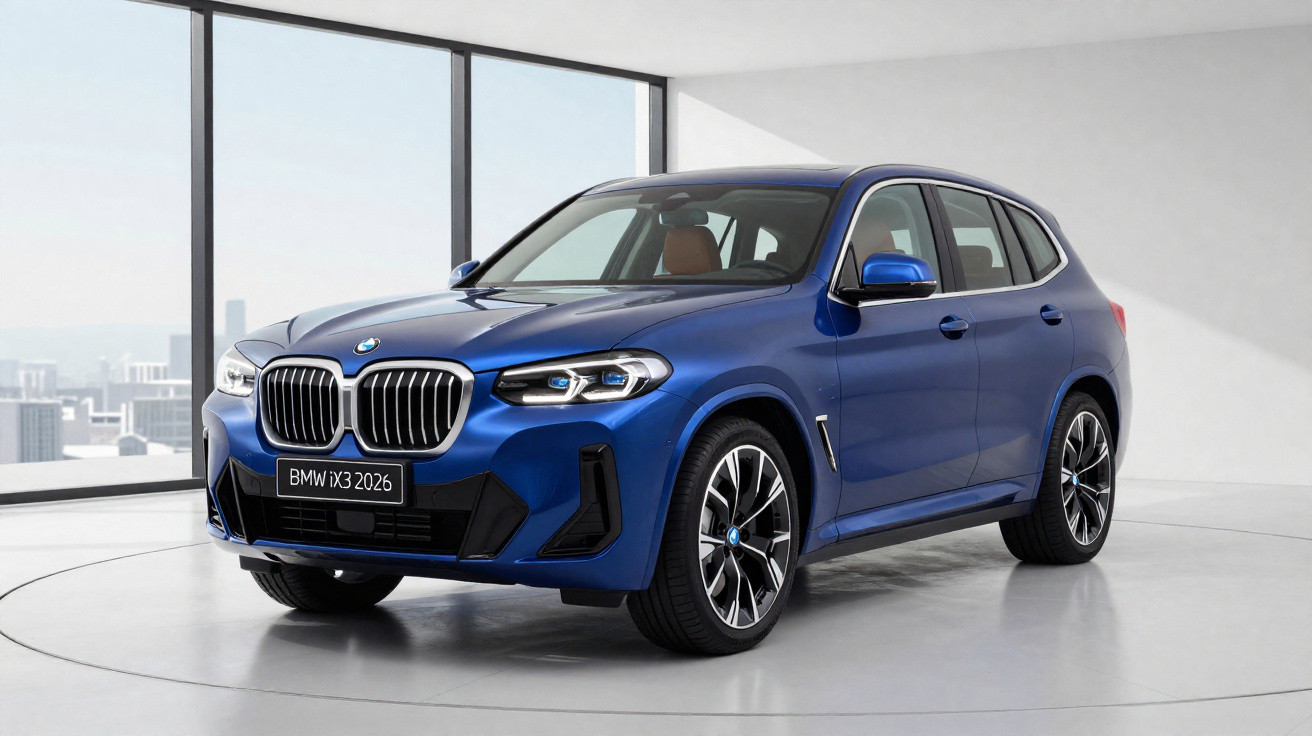 Carro SUV BMW iX3 2026 azul em showroom moderno com piso e paredes brancas e janelas grandes.