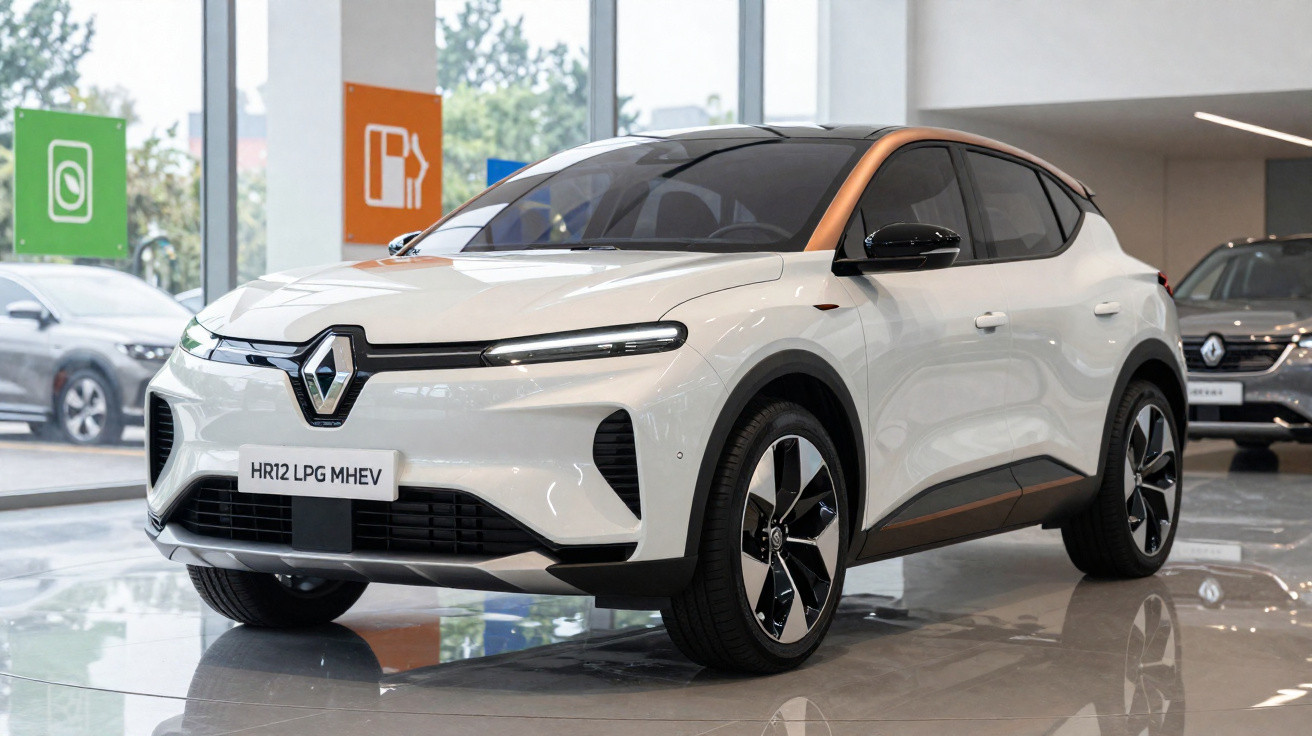 Carro Renault branco modelo HR12 LPG MHEV exposto em showroom moderno.