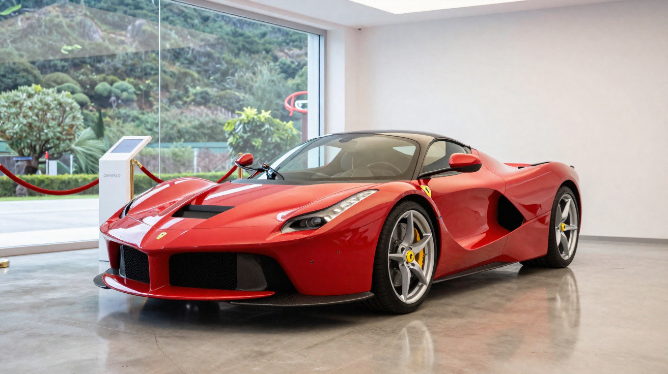 Carro esportivo vermelho Ferrari estacionado em piso de concreto dentro de sala com janela grande.