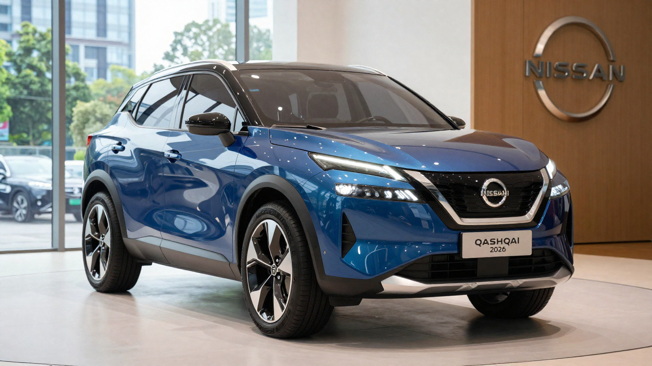 Carro SUV azul Nissan Qashqai 2026 exibido em showroom com logo da Nissan ao fundo.