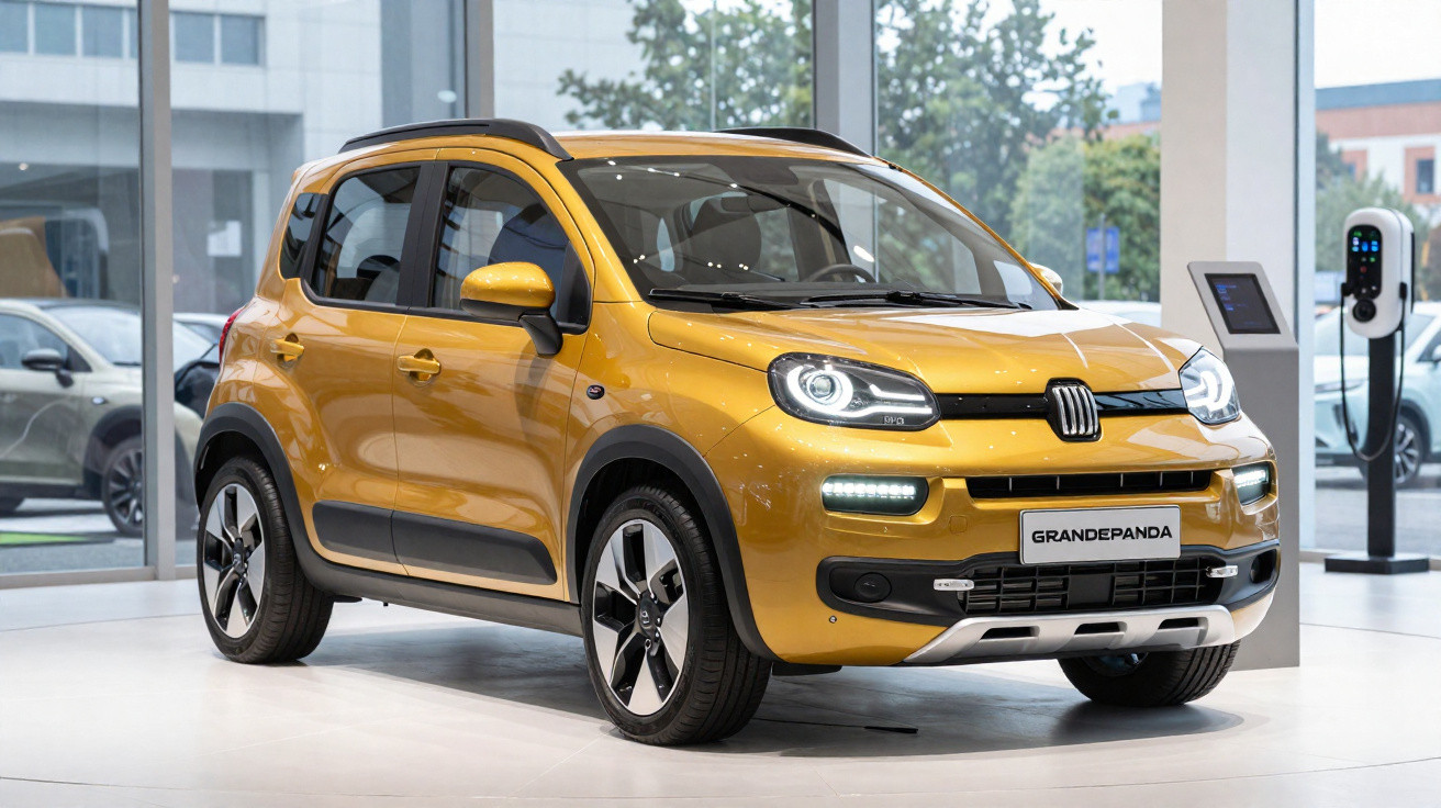 Carro Fiat Grande Panda amarelo exposto em showroom moderno com grandes janelas de vidro.