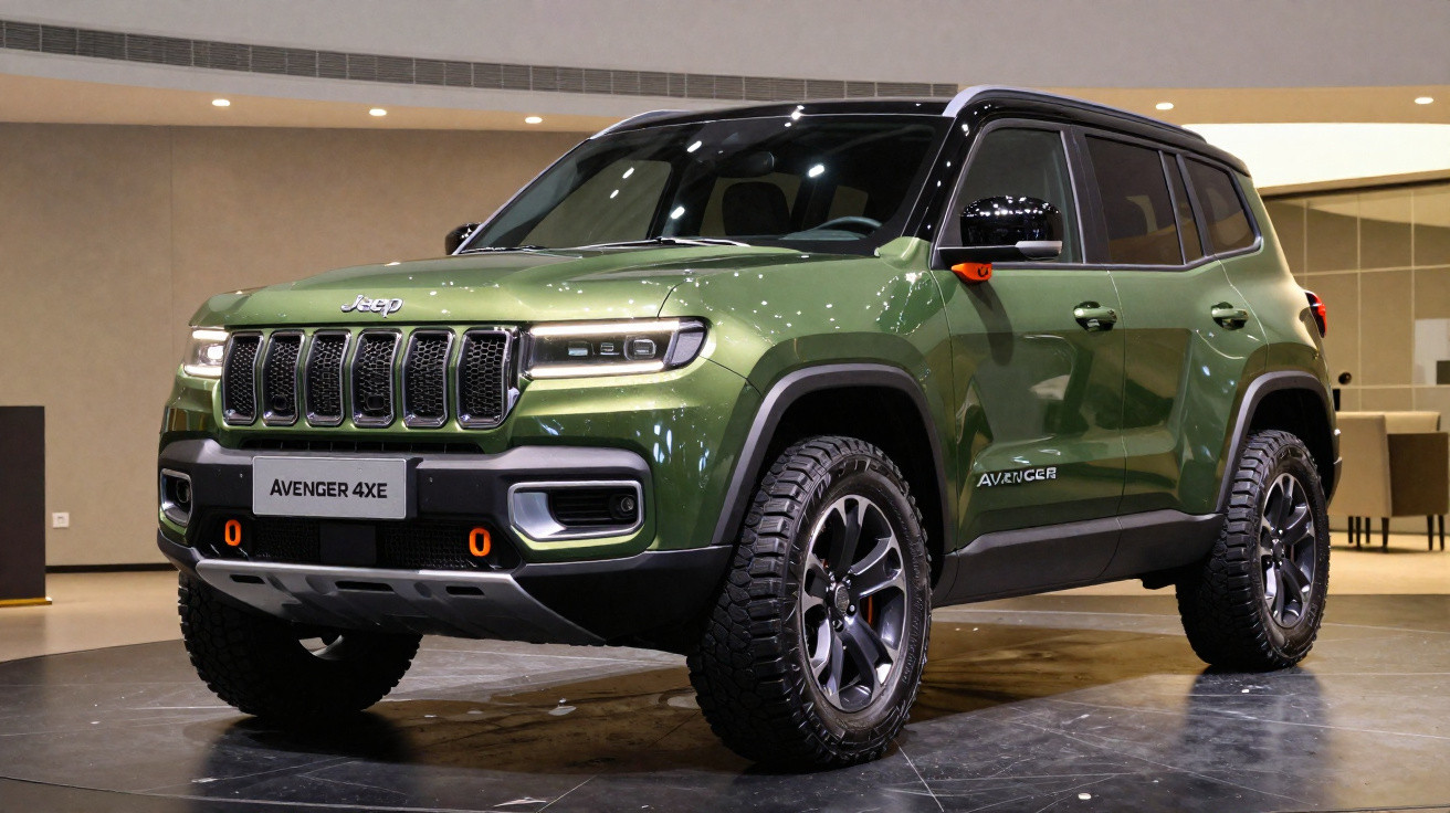 SUV Jeep Avenger 4XE verde exibido em ambiente interno com design robusto e moderno.