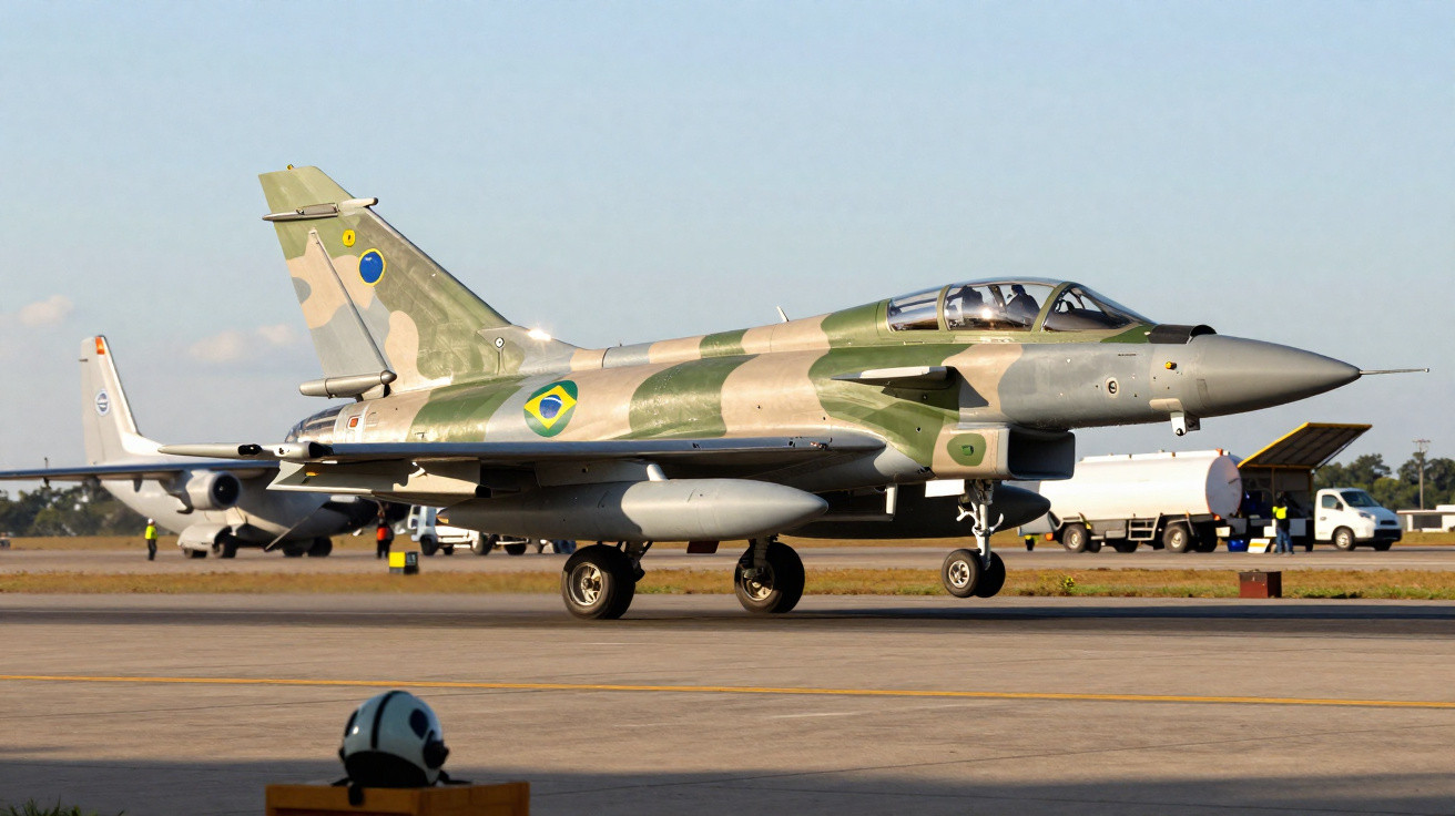 Avião de caça da Força Aérea Brasileira em caminhamento no aeroporto com camuflagem verde e bege.