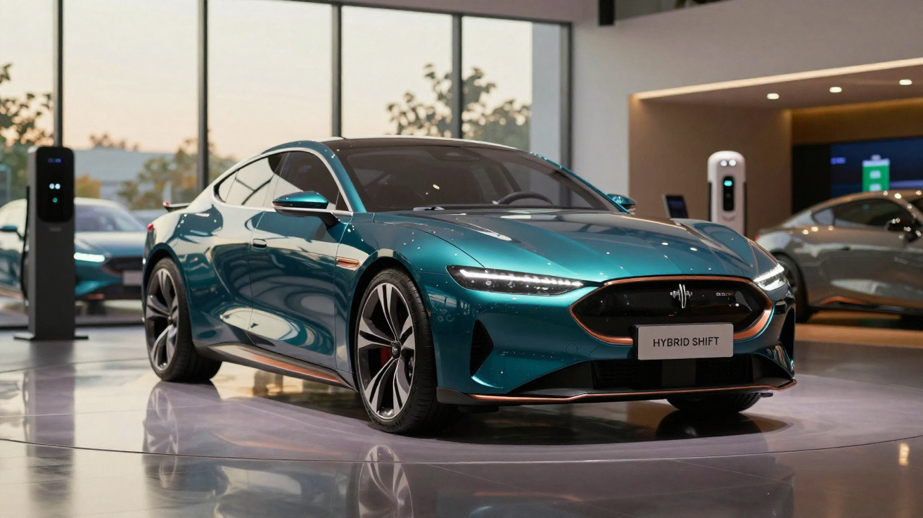 Carro esportivo elétrico azul metálico em exposição dentro de showroom moderno e iluminado.