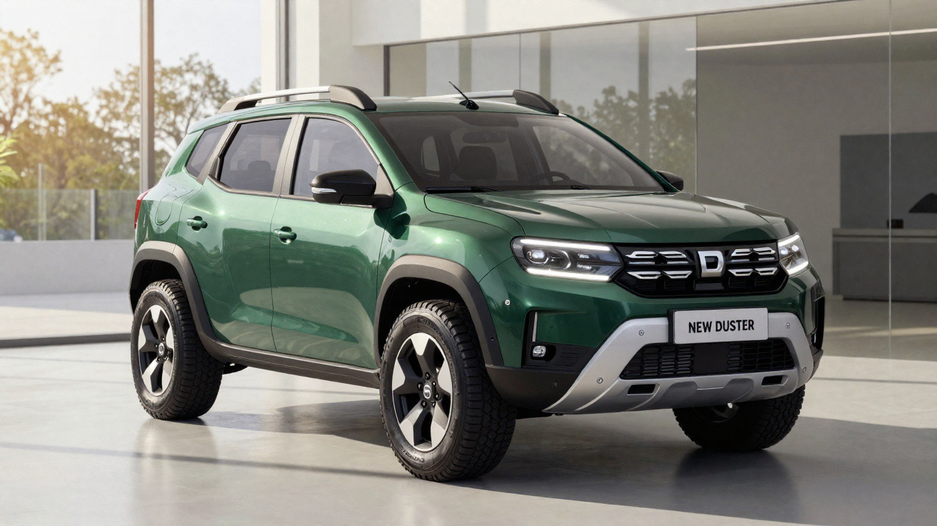 Carro SUV verde modelo New Duster estacionado em ambiente moderno com paredes de vidro.