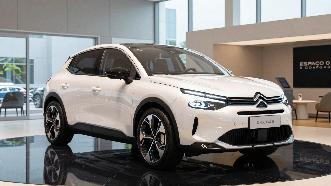 Carro Citroën C4X Gas branco exibido em salão moderno com teto alto e grande janela de vidro.