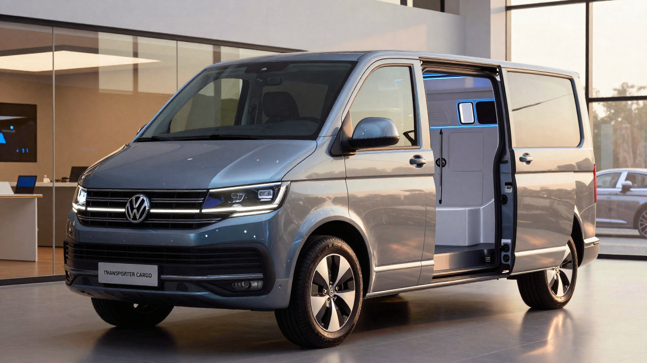 Van Volkswagen Transporter Cargo azul com a porta lateral deslizante aberta em showroom moderno.
