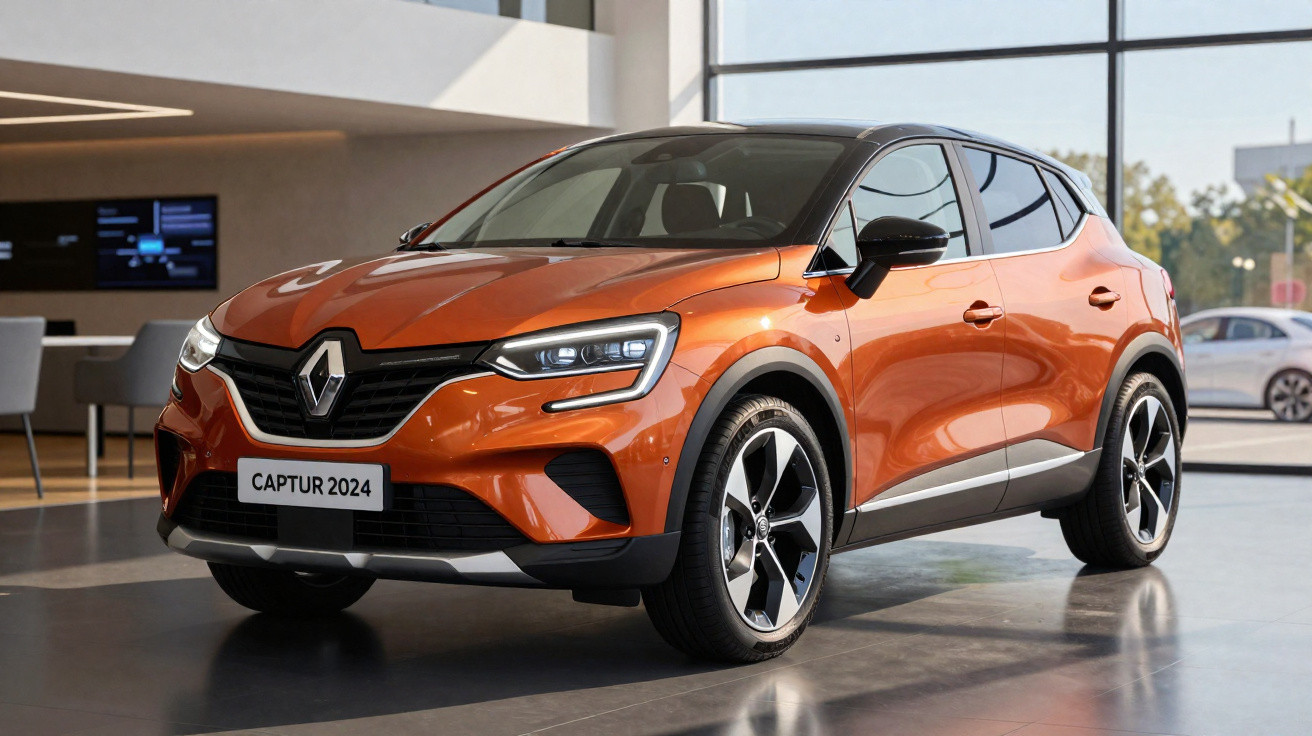 Carro Renault Captur 2024 laranja exibido em showroom moderno com janelas grandes.