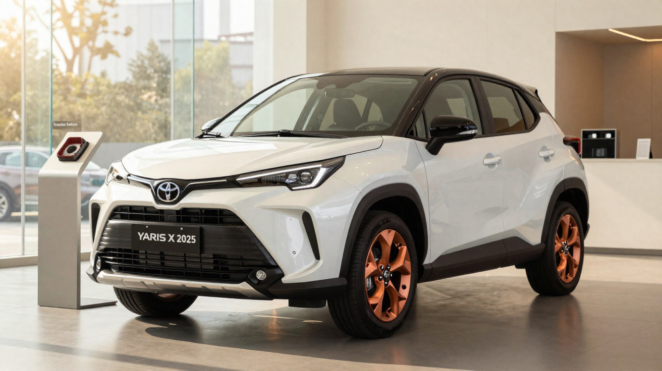 Carro Toyota Yaris X 2025 branco com detalhes em preto e rodas bronze exposto em showroom.