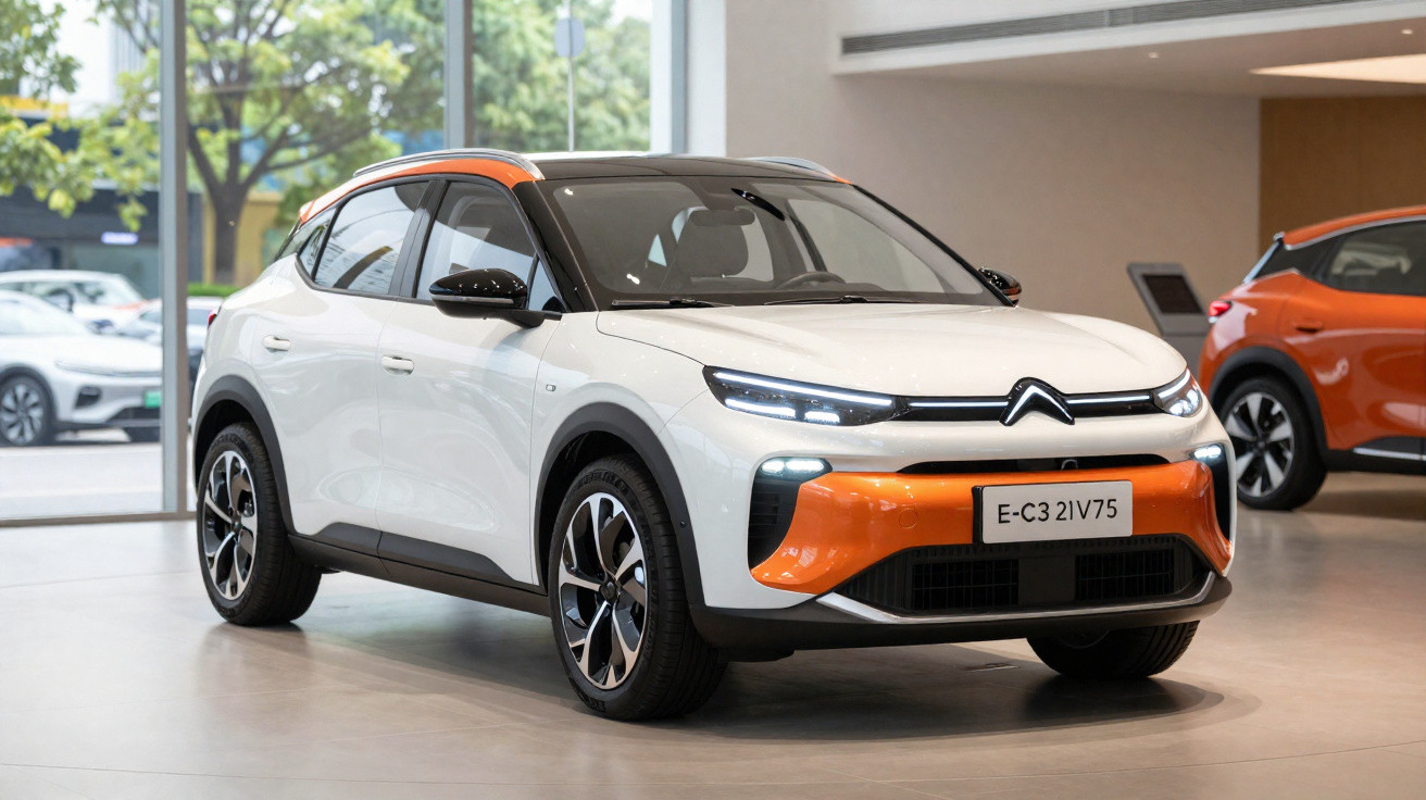 Carro Citroën modelo E-C3 branco com detalhes laranja exposto em showroom moderno.