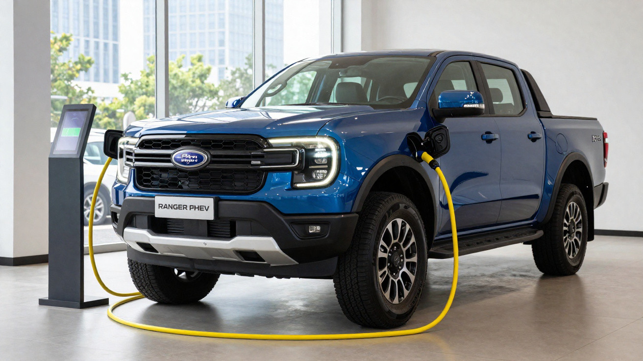 Picape Ford Ranger PHEV azul carregando em estação interna com fundo de janelas e prédios.