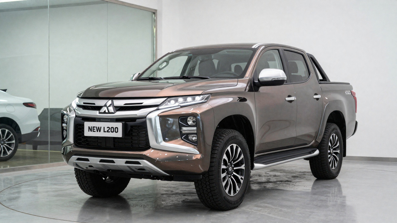 Picape Mitsubishi New L200 marrom estacionada em ambiente interno com piso cinza.