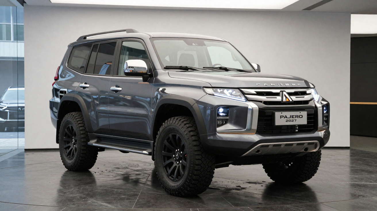 SUV Mitsubishi Pajero 2027 cinza exposta em ambiente interno com pneus off-road e design robusto.