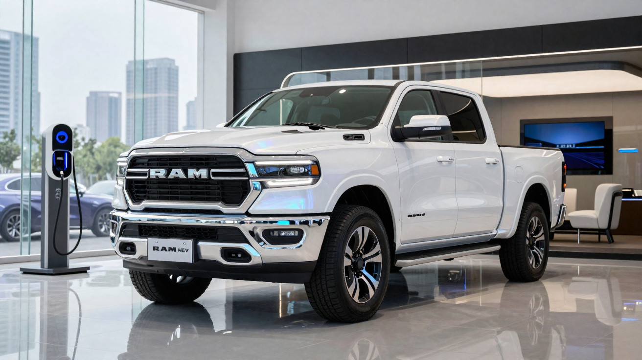Picape elétrica branca Ram 1500 REV em showroom moderno com estação de recarga ao lado.