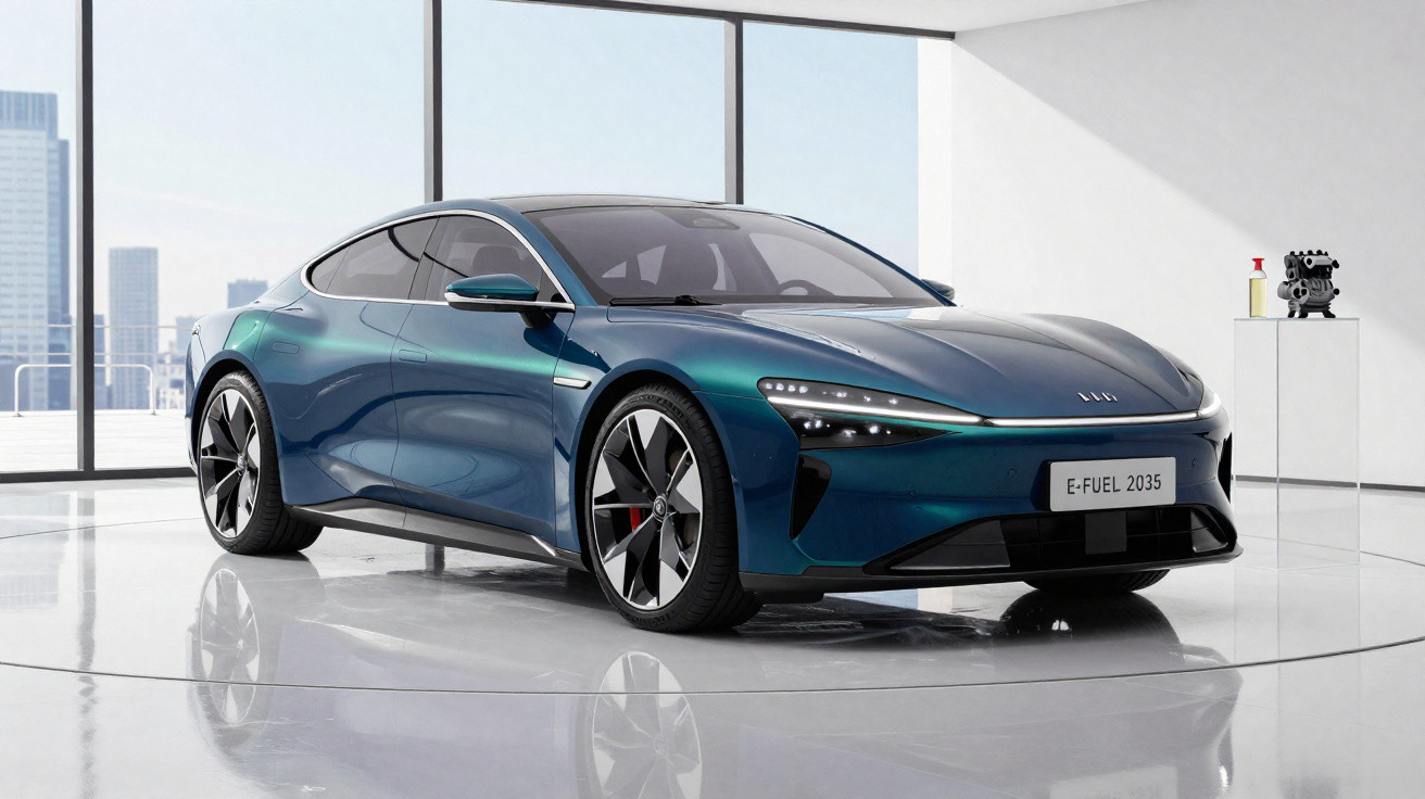 Carro elétrico esportivo azul metálico em ambiente moderno e iluminado com grandes janelas de vidro.