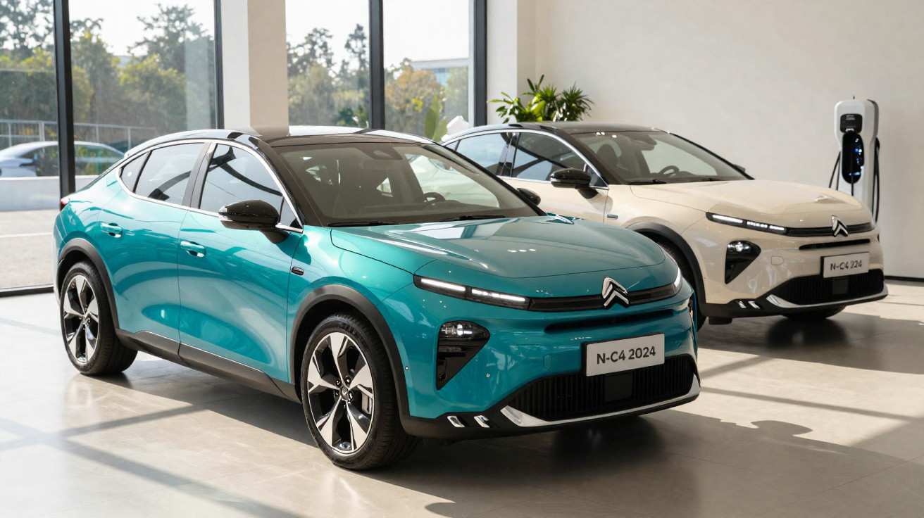 Dois carros Citroën elétricos, modelo N-C4 2024, em showroom iluminado por luz natural.