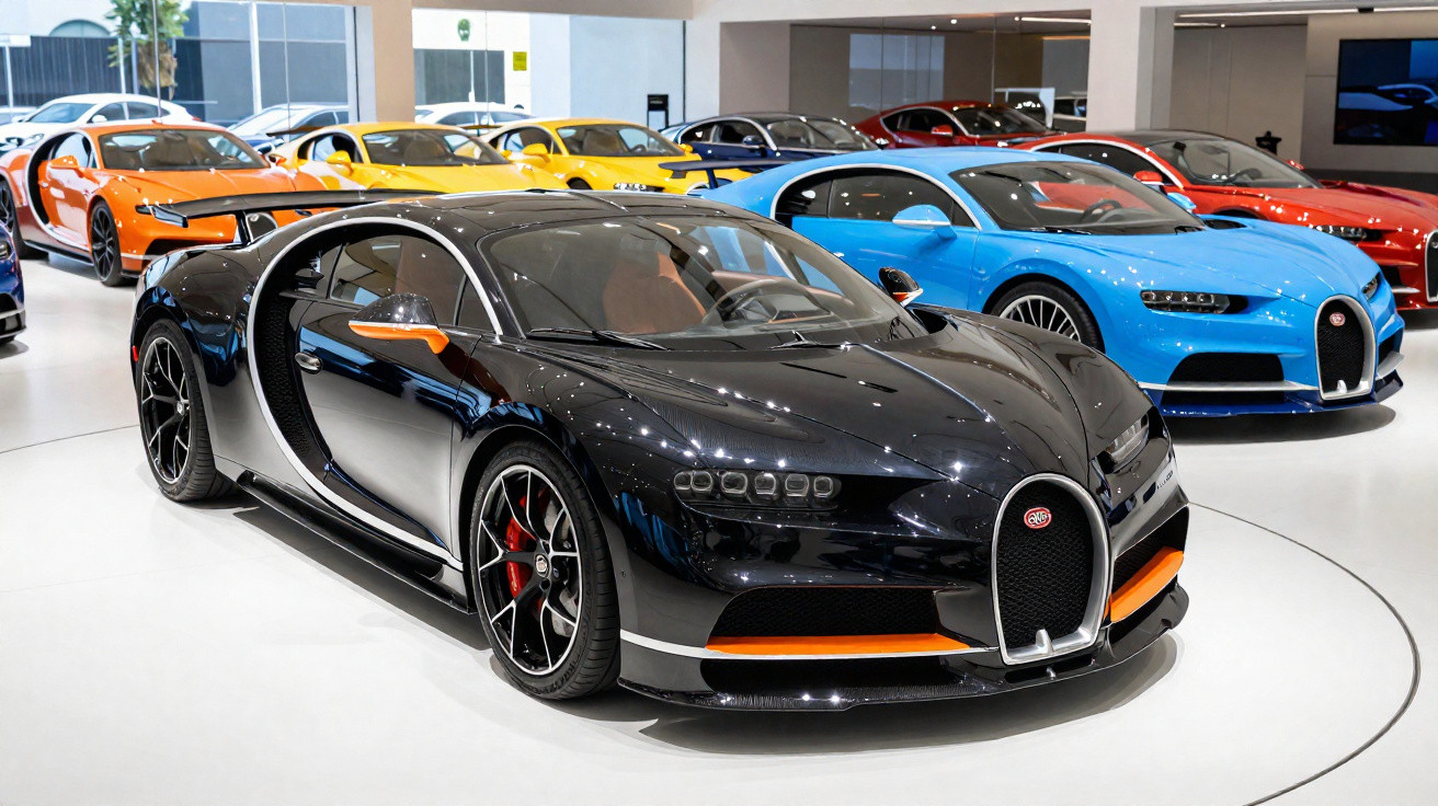 Carros esportivos Bugatti modelo Chiron em exposição, com destaque para um preto e um azul.